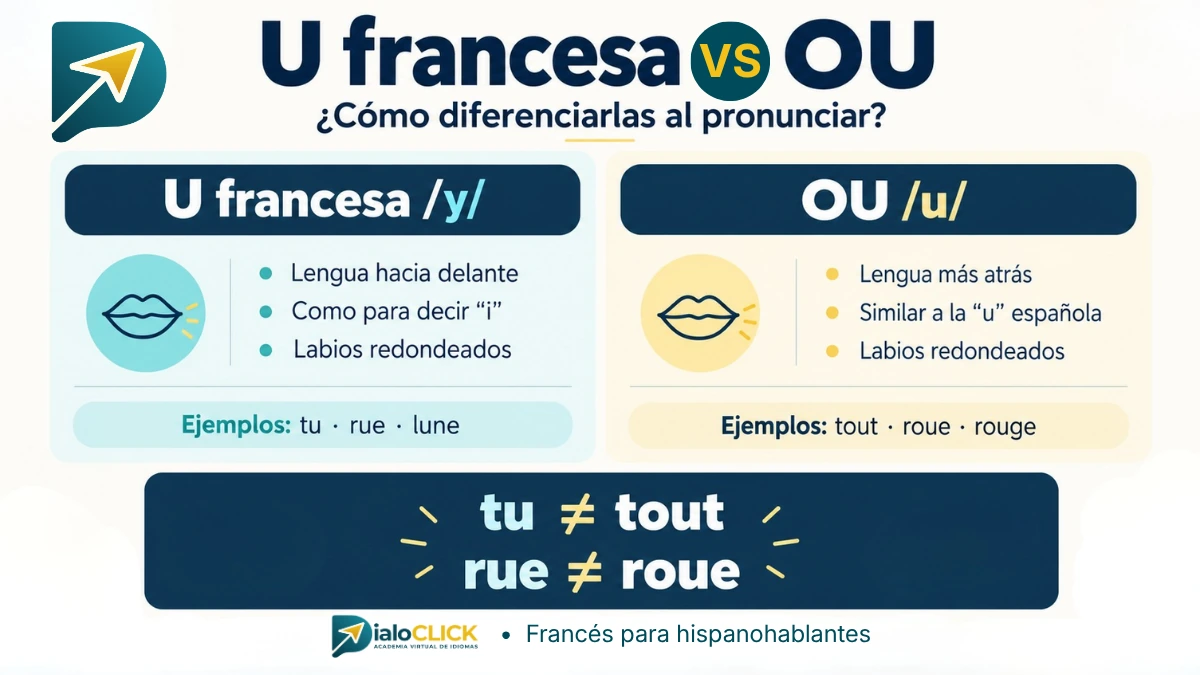 U francesa vs OU: cómo diferenciarlas al pronunciar Diferencia entre la U francesa /y/ y OU /u/ con ejemplos para hispanohablantes